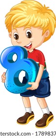 Blonde boy holding math number eight illustration