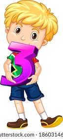 Blonde boy holding math number three illustration