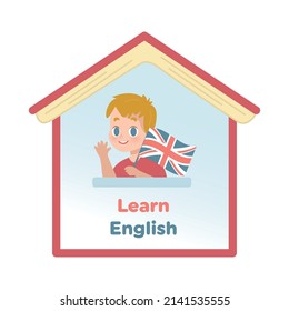 Blonde boy holds in hand flag of Great Britain. Book looks like a house with words LEARN ENGLISH. Concept of English language learning