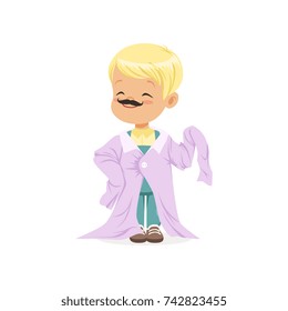 Blonde boy with mustache wearing dult oversized clothes, kid pretending to be adult vector Illustration