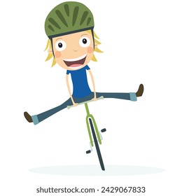 Blonde boy riding a bicycle. Vector Illustration.