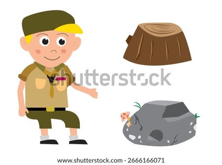 Blonde Boy Scout Sitting. Rocks and Log images. Editable Clip Art. 