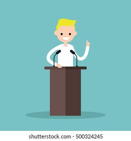 Blonde boy standing behind the tribune and pointing his finger up / flat editable vector illustration