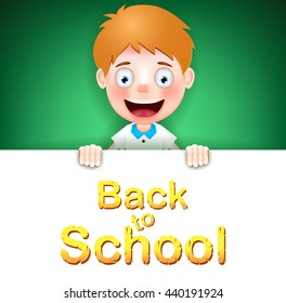 Blonde Boy Student Character Holding on Green Background with Back to School Tex. Vector Illustration
