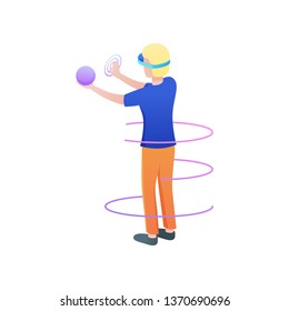 Blonde boy take in hand sphere in virtual reality