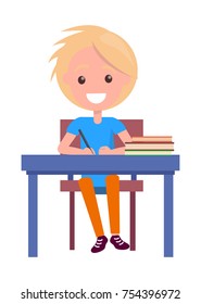 Blonde boy with textbooks at school table isolated on white. Vector illustration of begginer on 1st of September, back to school concept