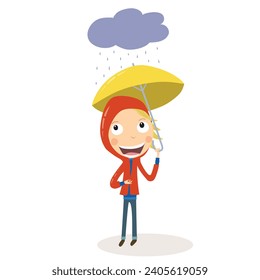 Blonde boy with an umbrella and yellow raincoat raining outside. Vector Illustration.