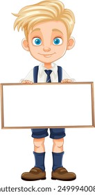 Blonde boy in uniform holding a blank sign