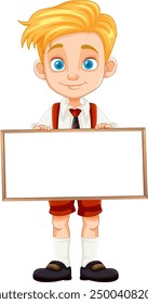 Blonde boy in uniform holding blank sign