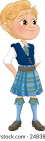 Blonde boy wearing a blue tartan kilt