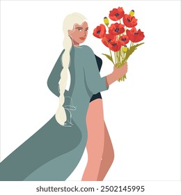 Blonde with braid, girl, with bouquet of poppies, in tunic, girl power, mom's day, mother's day, on beach, coast, romantic, symbol of femininity. Vector hand drawn illustration.