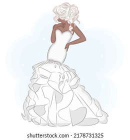 Blonde bride, in fishtail silhouette dress, wedding fashion vector illustration, print, invitation, postcard