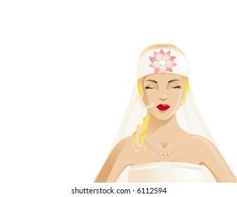 Blonde bride in an interesting headgear, with closed eyes and sad or serious look.