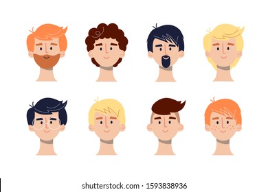 Blonde, brown haired, redhead, brunette  boys avatars icons in flat style