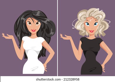 blonde and brunette in a black and white dress