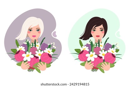 Blonde and brunette girls with flowers, spring or holiday illustration, international women's day, mother's day. Vector illustration.