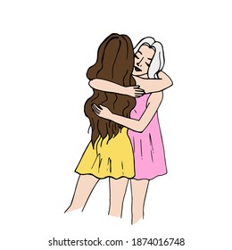 
Blonde and brunette hugging, happy to see you, Rear view, Girls in yellow and pink dresses, Two girlfriends, Sister's day card, Young pretty women, Vector illustration of hand draw, Doodle style.