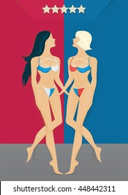 Blonde and brunette on blue-red background. This vector illustration is made in blue-red scale background with a picture of a beautiful slim girl and five stars.
