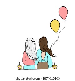 Blonde and brunette sitting together holding balloons and drinking coffee, rear view, two girlfriends, postcard to sister's day, young pretty women, vector illustration of hand draw, doodle style.
