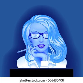 Blonde business woman in glasses in front of the computer monitor in blue light. Vector illustration