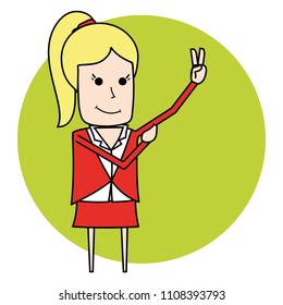 blonde business woman holding up a hand on green circle