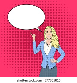 Blonde Business Woman Point Finger To Chat Bubble Pop Art Colorful Retro Style Vector Illustration