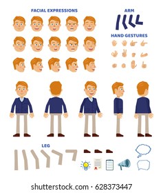 Blonde businessman in blue suit character creation set. Various gestures, emotions, diverse poses, views. Create your own pose, animation. Simple style vector illustration