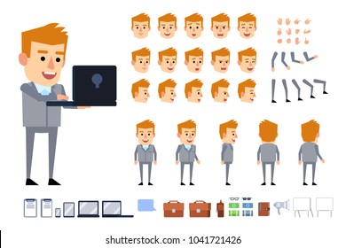 Blonde businessman in grey suit creation kit. Creat your own pose, action, animation. Diverse poses, gestures, emotions, design elements. Flat style vector illustration
