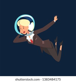 Blonde Businesswoman in Astronaut Helmet Flying in Outer Space, Business Development Strategy, Leadership Vector Illustration