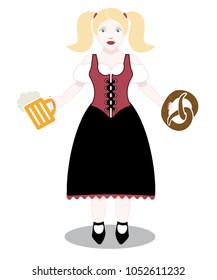 Blonde cartoon Bavarian woman holding a glass of beer with pretzel