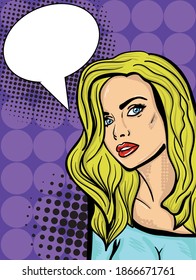 Blonde cartoon lady with a violet pop art style dots background