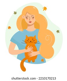 Blonde with a cat. Young woman holding and hugging ginger cat, cozy relaxing friendship of girl and kitten with autumn leaves in flat design vector illustration isolated on white background