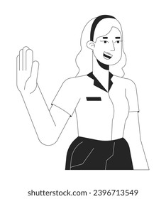 El empleado rubio caucásico gen z personaje de dibujos animados en 2D en blanco y negro. Mujer adulta joven adiós onda aislada de contorno vectorial persona. Ilustración de punto plano monocromática de formalwear hembra sonriente