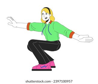 Blonde caucasian female hip hop performer 2D linear cartoon character. Squatting girl european dancing isolated line vector person white background. Nostalgia memories color flat spot illustration