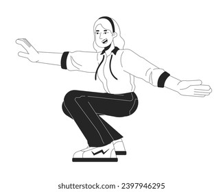 Blonde caucasian female hip hop performer black and white 2D line cartoon character. Squatting girl european dancing isolated vector outline person. Nostalgic monochromatic flat spot illustration