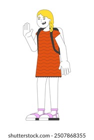 Blonde caucasian schoolgirl hello waving 2D cartoon character. Greeting schoolkid european young female isolated flat vector person white background. Back to elementary school color spot illustration