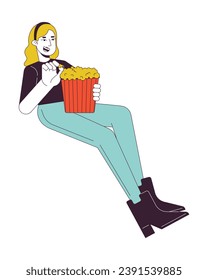 Blonde caucasian woman eating popcorn 2D linear cartoon character. Watching movie in cinema girl isolated line vector person white background. Entertainment show color flat spot illustration