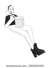 Mujer rubia caucásica comiendo popcorn negro y blanco personaje de caricatura de la línea 2D. Ver película en la chica del cine aislado personaje de contorno vectorial. Ilustración de puntos planos monocromáticos