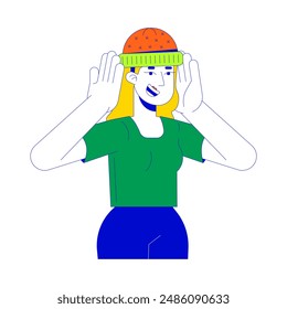 Blonde caucasian woman with knitted hat 2D linear cartoon character. Happy european female wearing cap isolated line vector person white background. Garment color flat spot illustration