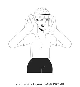 Blonde caucasian woman with knitted hat black and white 2D line cartoon character. Happy european female wearing cap isolated vector outline person. Garment monochromatic flat spot illustration