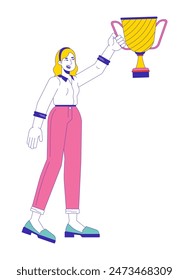 Blonde caucasian woman raising up cup 2D linear cartoon character. Happy european female winner with prize isolated line vector person white background. Victory color flat spot illustration