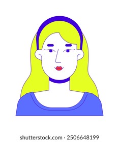 Blonde caucasian woman wearing hairband 2D linear vector avatar illustration. Headband female young adult cartoon character face portrait. Wavy hair girl flat color user profile image isolated