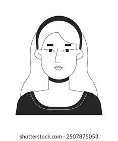 Blonde caucasian woman wearing hairband black and white 2D vector avatar illustration. Headband female young adult outline character face isolated. Wavy hair girl flat user profile image portrait