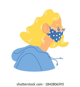 Blonde character in fashion face protective mask during pandemic. Cool casual style