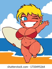 a blonde chibi girl with a surfboard on the ocean waves and smiles