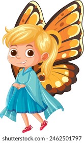 Blonde child dressed as a colorful butterfly