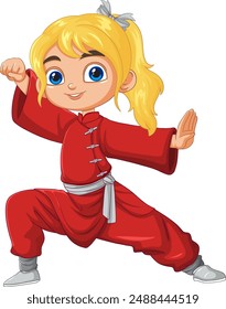 Blonde child practicing martial arts stance