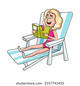 Blonde child wearing pink swimsuit reading a book while lying on a beach chair, sunny day, relaxing outdoors