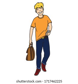 a blonde cool teenage student with a backpack and a cell phone in hand. whole body, cartoon, school, isolated.