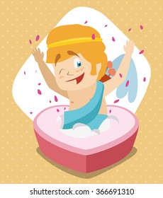 A blonde Cupid surprising through a heart box with confetti in retro cartoon style.